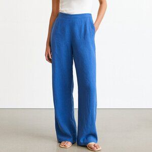 NWT Commense Cotton & Linen Pants Lagoon Blue Wide Leg Gauzy Flowy Trousers L